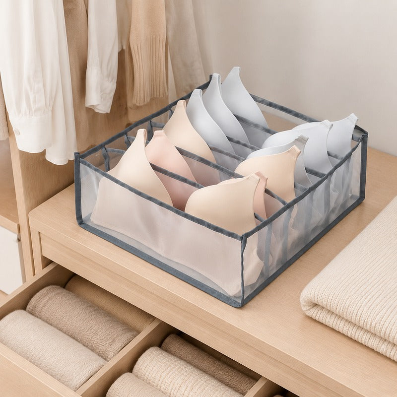 Grey 6-grid breathable mesh drawer organizer in closet