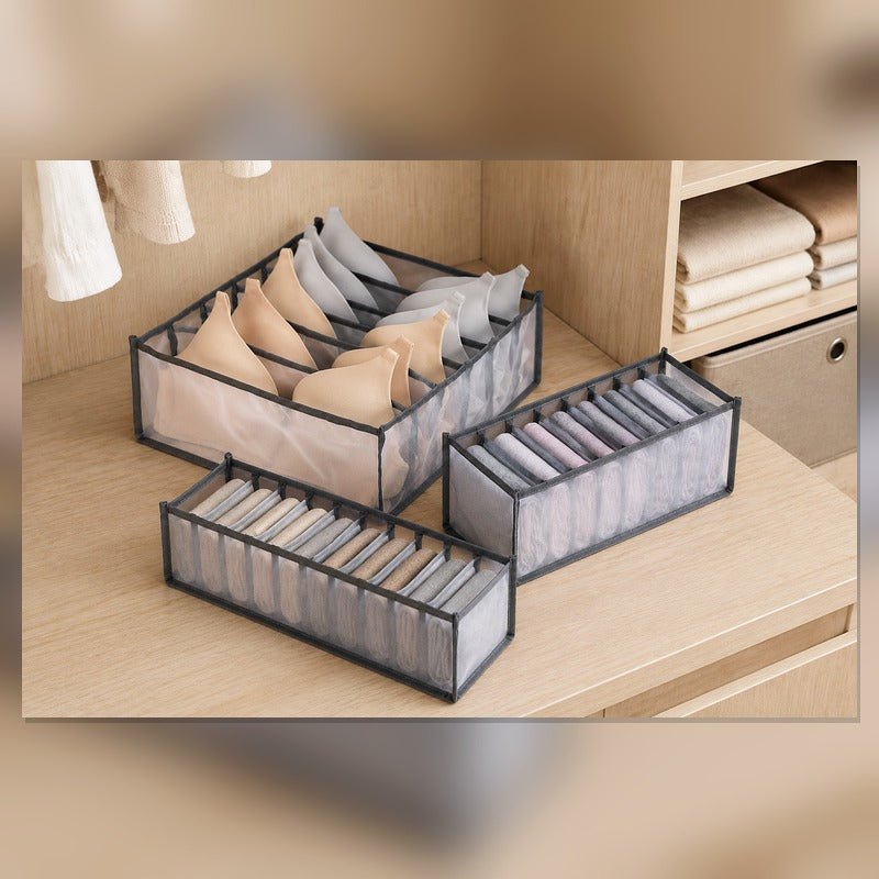 Grey essential 3-piece breathable mesh drawer organizer set in closet