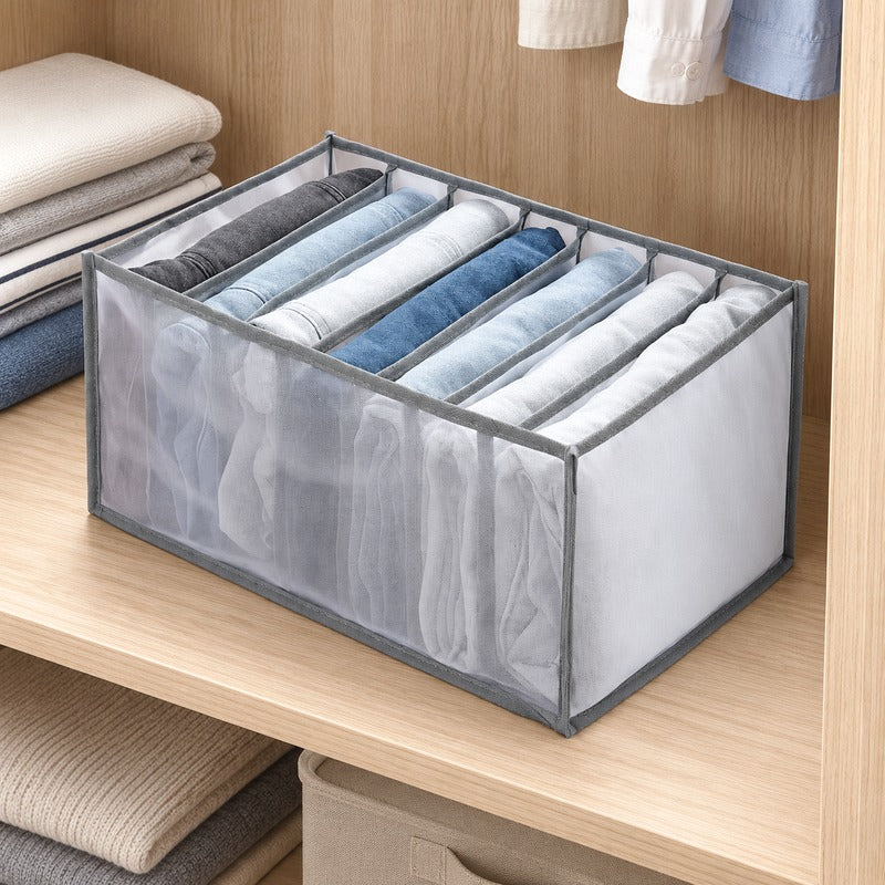 Grey large 7-grid breathable mesh drawer organizer in wardrobe