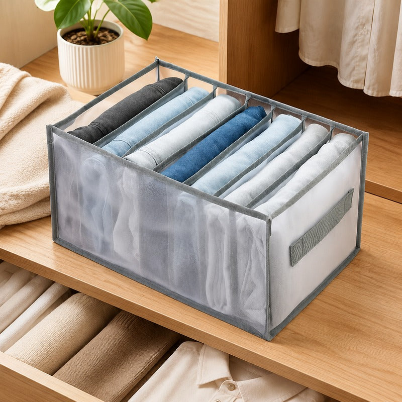 Grey large handheld 7-grid breathable mesh drawer organizer on drawer table