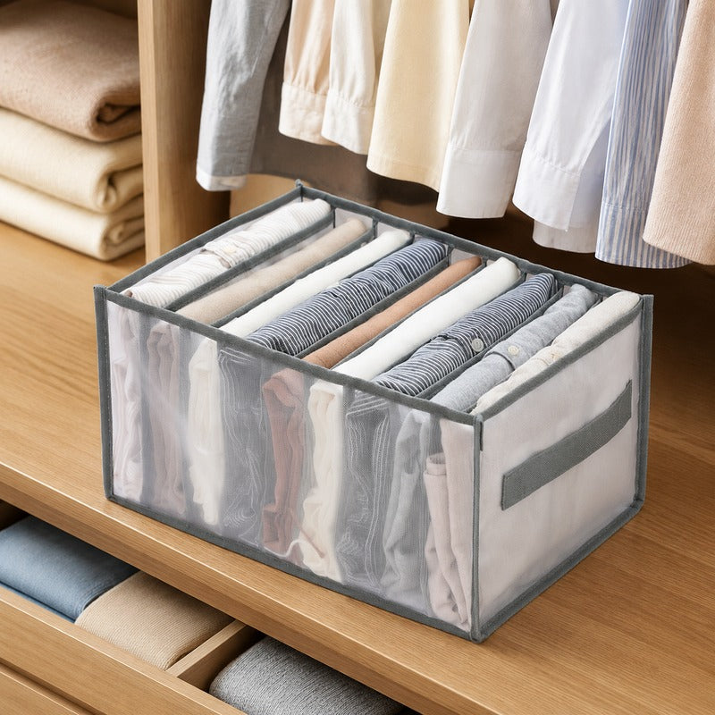 Grey large handheld 9-grid breathable mesh drawer organizer in closet