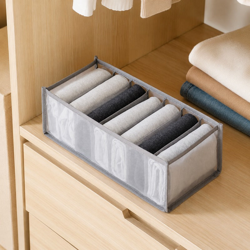 Grey medium 7-grid breathable mesh drawer organizer in wardrobe