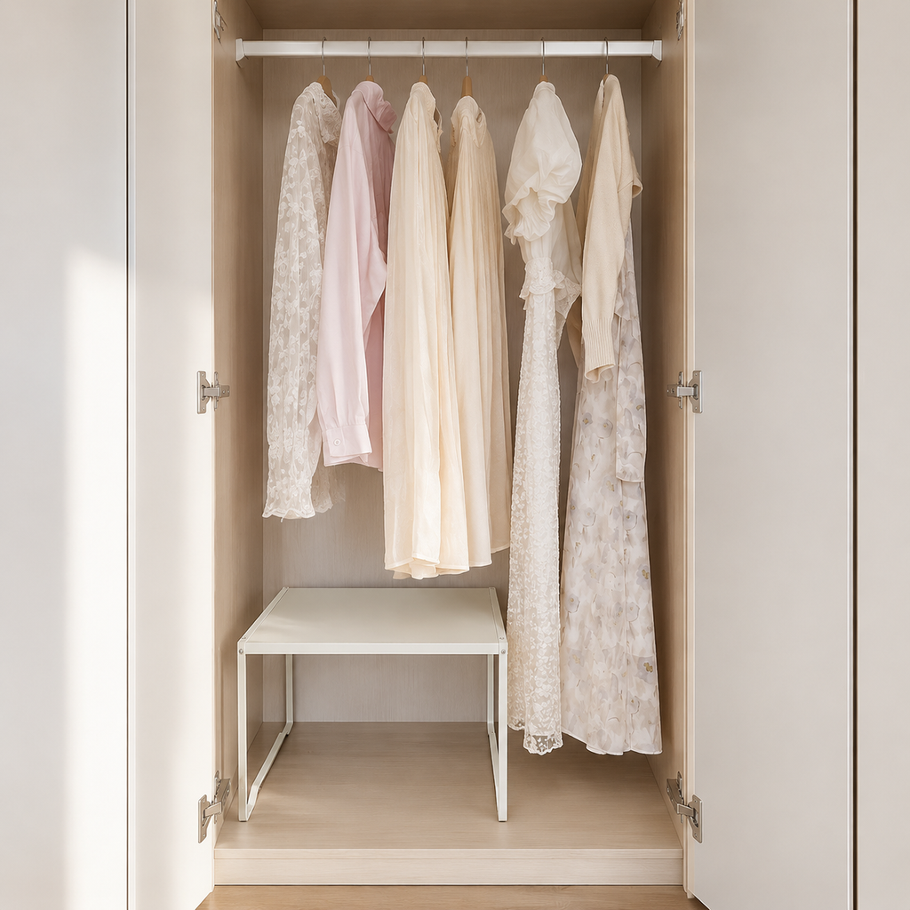 Adjustable shelf organizer below hanging garments in a small closet