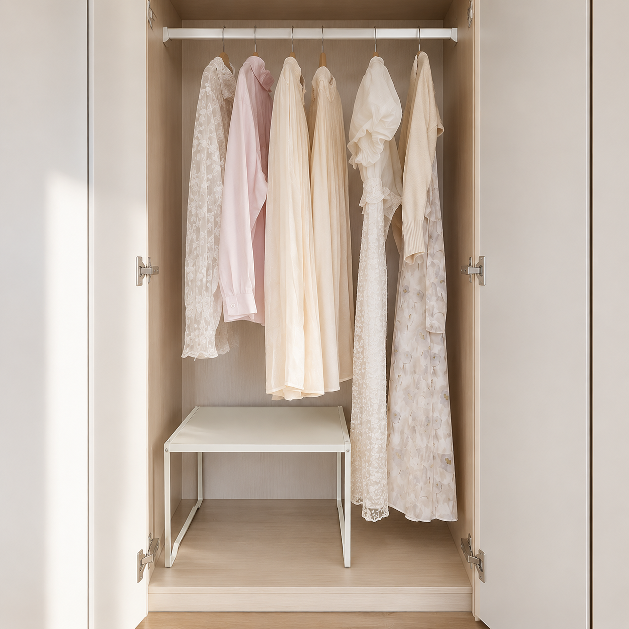 Adjustable shelf organizer below hanging garments in a small closet