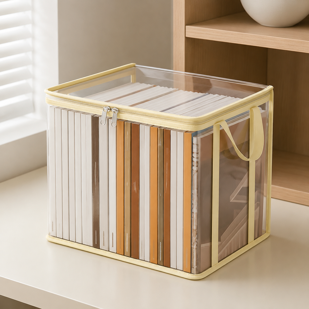 Clear book and file organizer bags stacked with magazines in a fresh interior