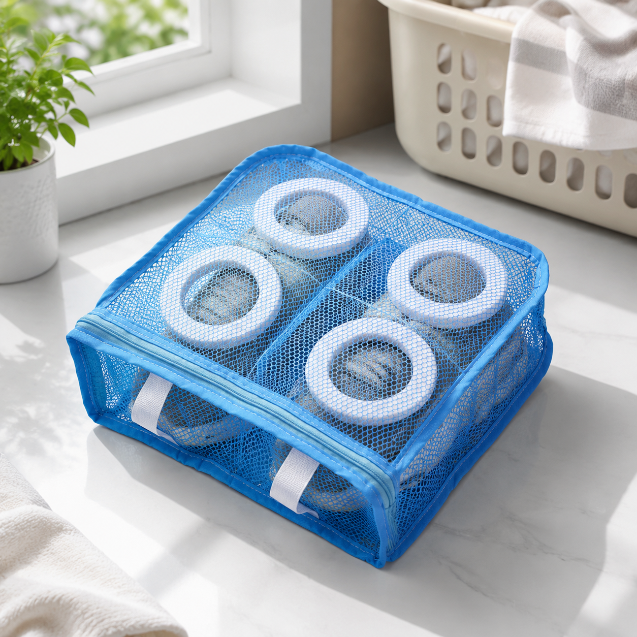 Medium blue mesh shoe washing bag with sneaker support rings