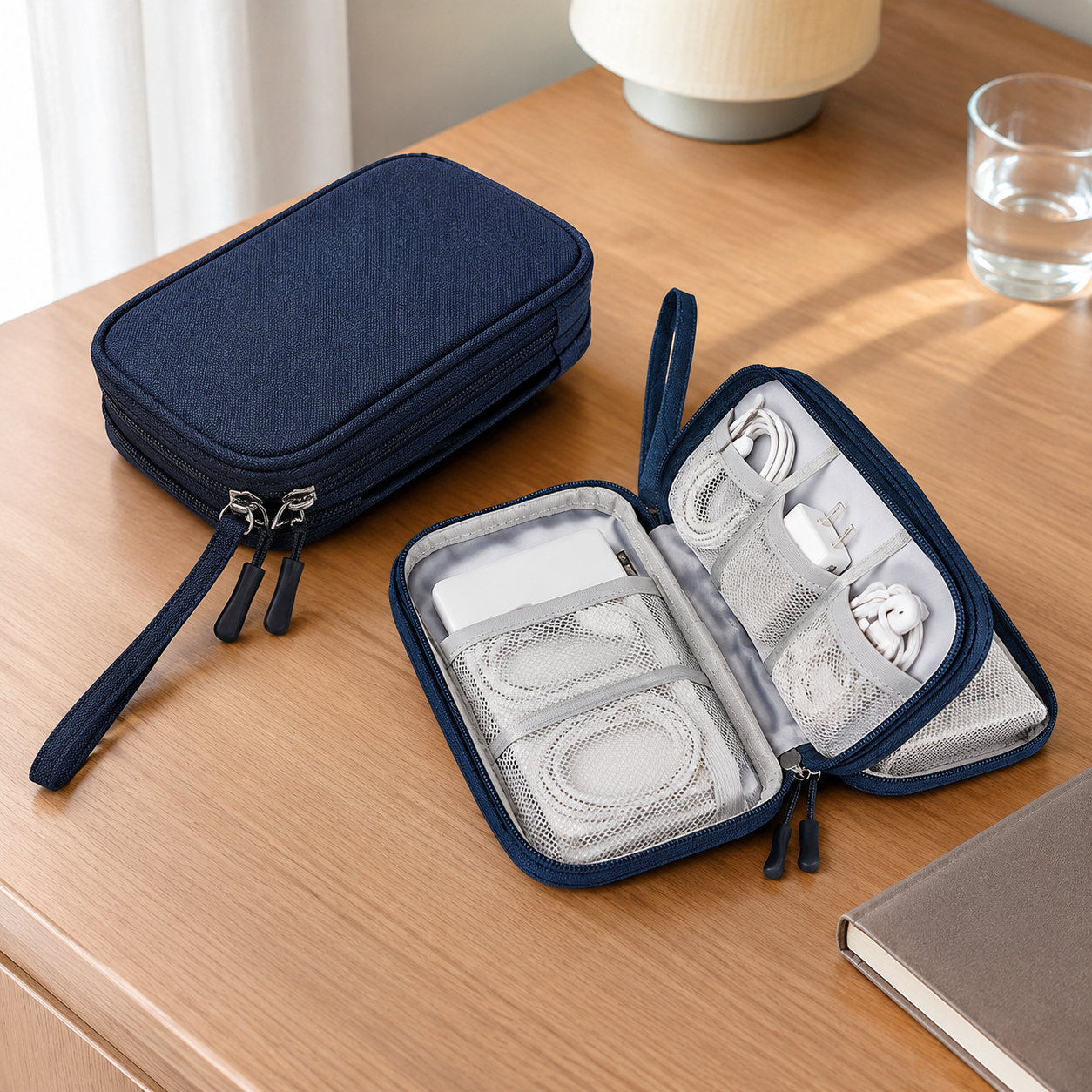 Navy double-layer tech accessory pouch for chargers and cables