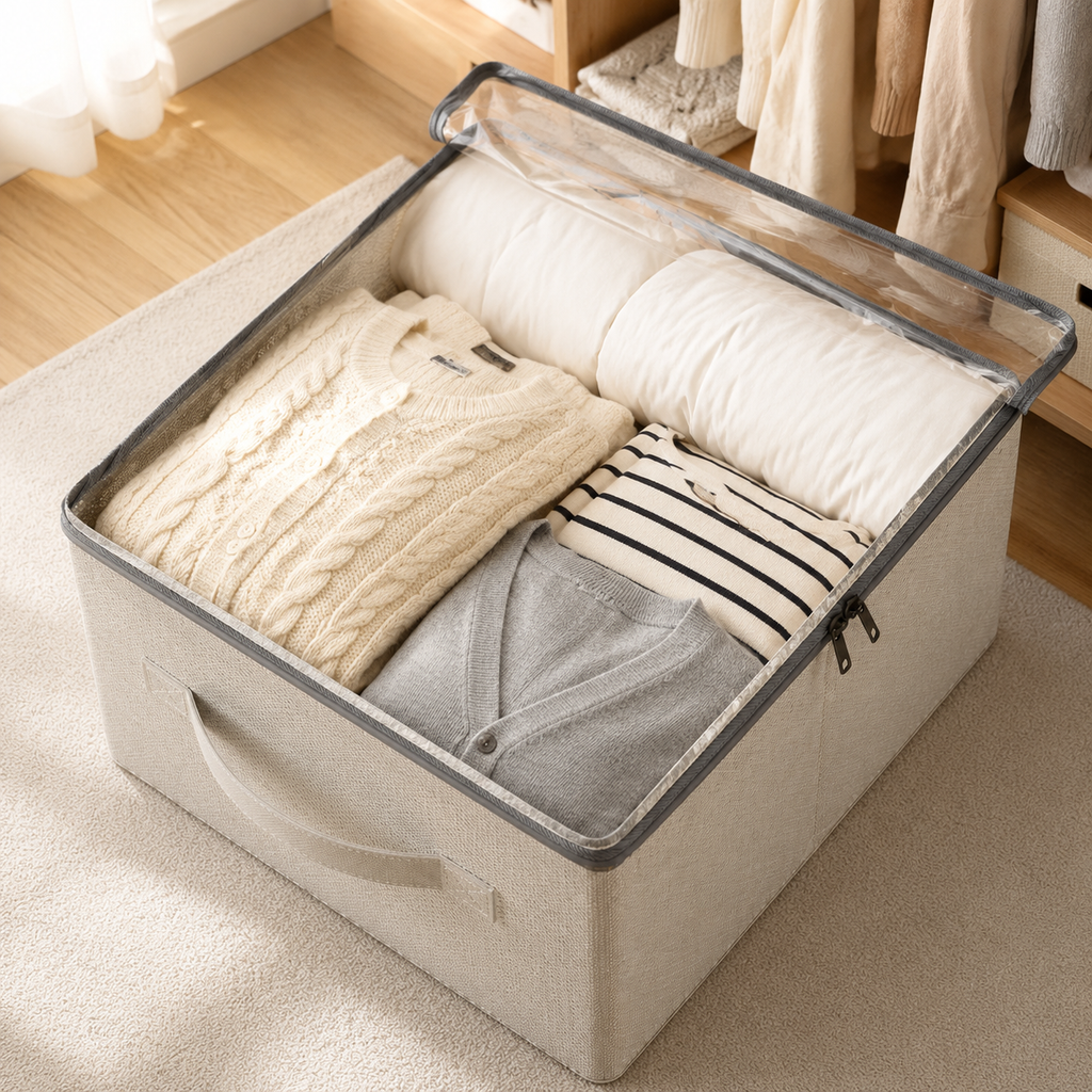 Open clear-top linen fabric storage box with realistic folded clothes