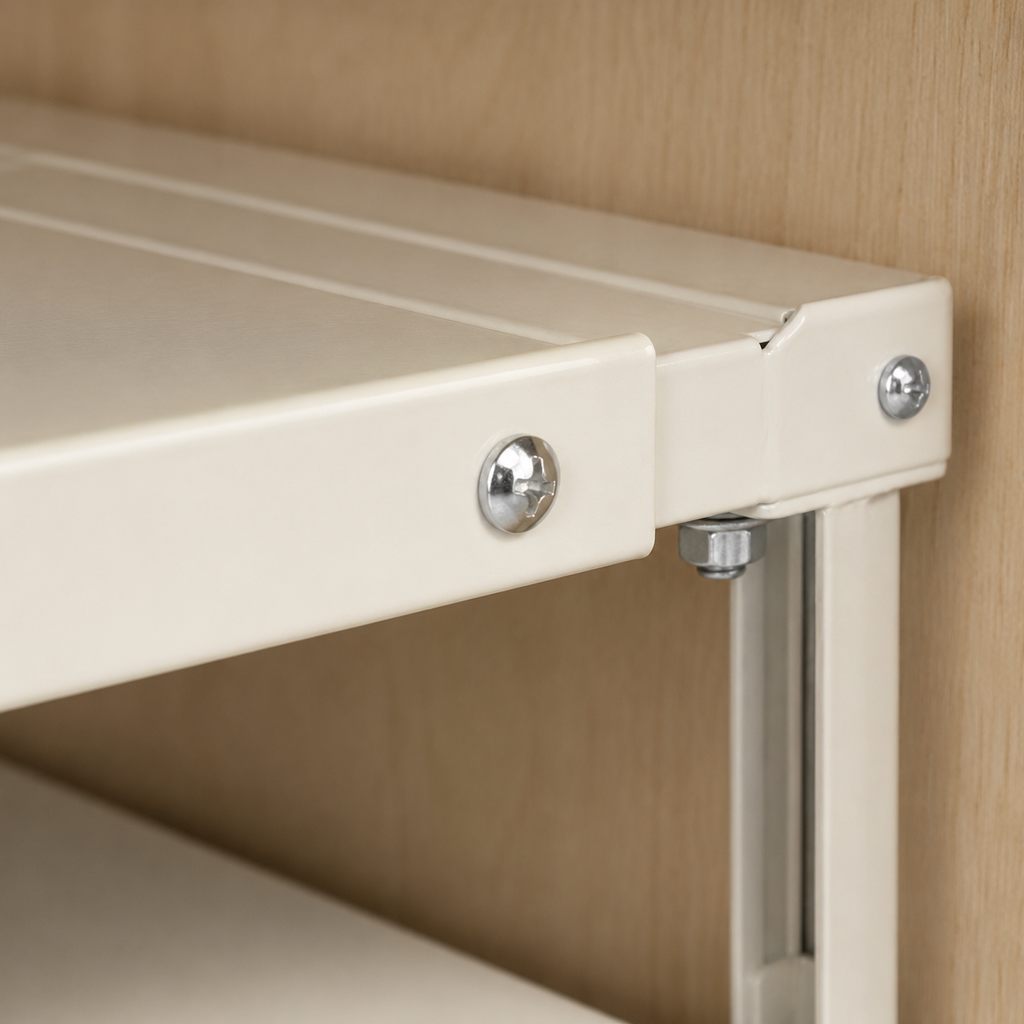 Close-up of side screw and support rail on adjustable shelf organizer