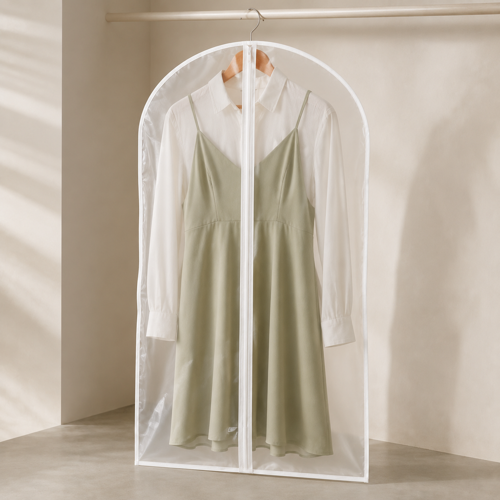 Single clear garment cover protecting a sage dress and white shirt
