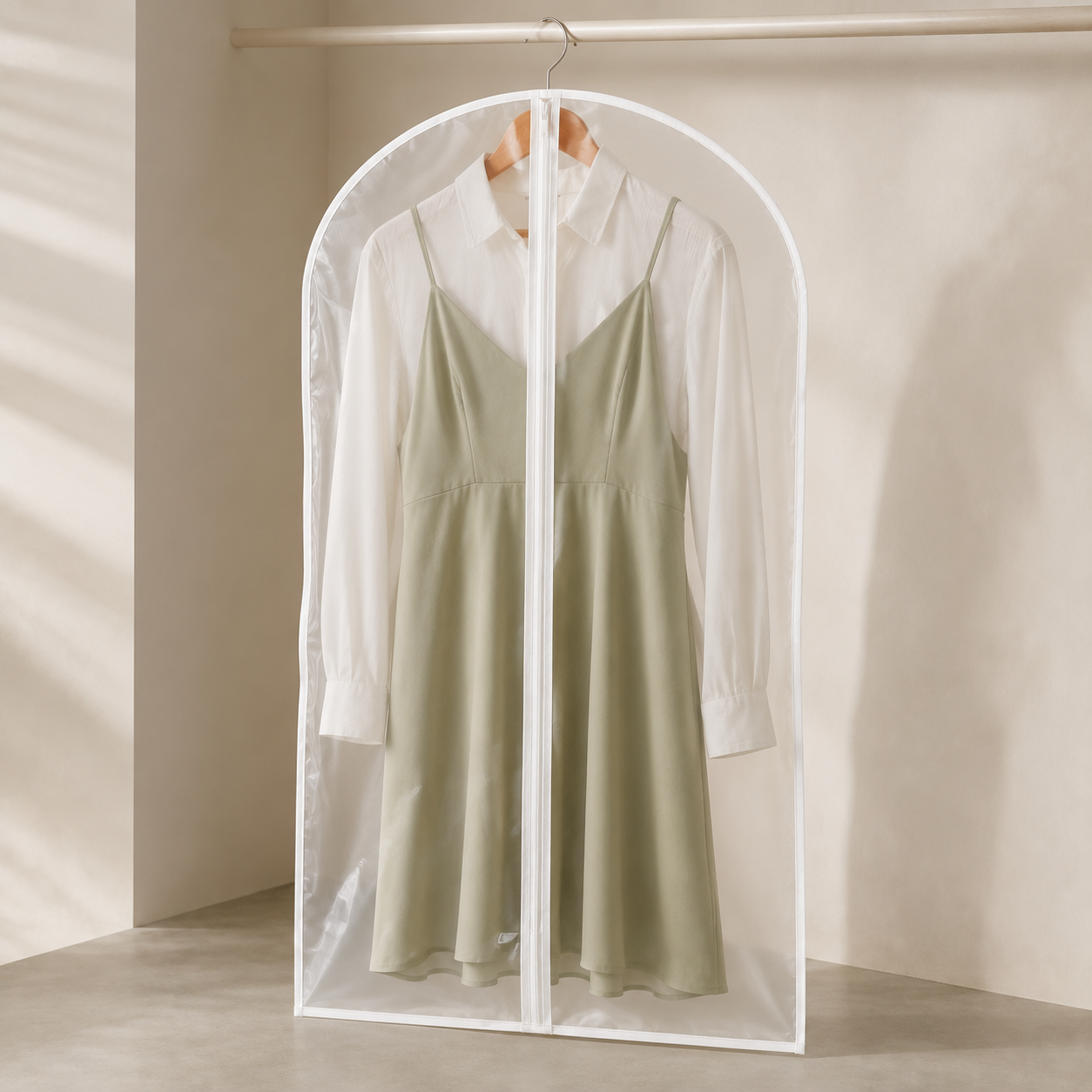 Single clear garment cover protecting a sage dress and white shirt