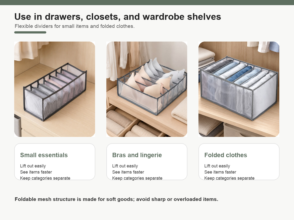 Use scenes for breathable mesh drawer organizers in drawers and closet shelves