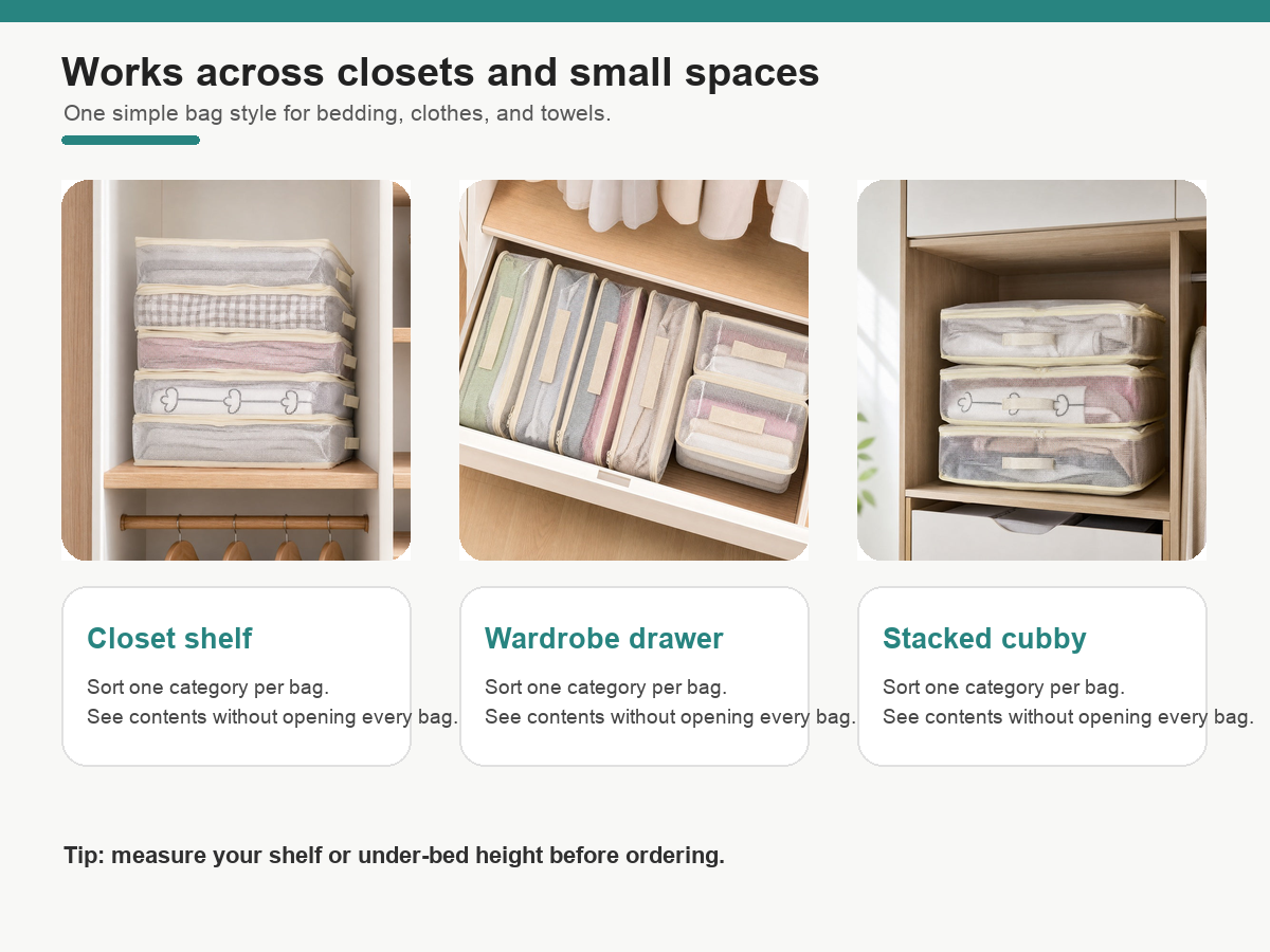 Use scenes for clear foldable bedding storage bags in closets wardrobes and under-bed spaces