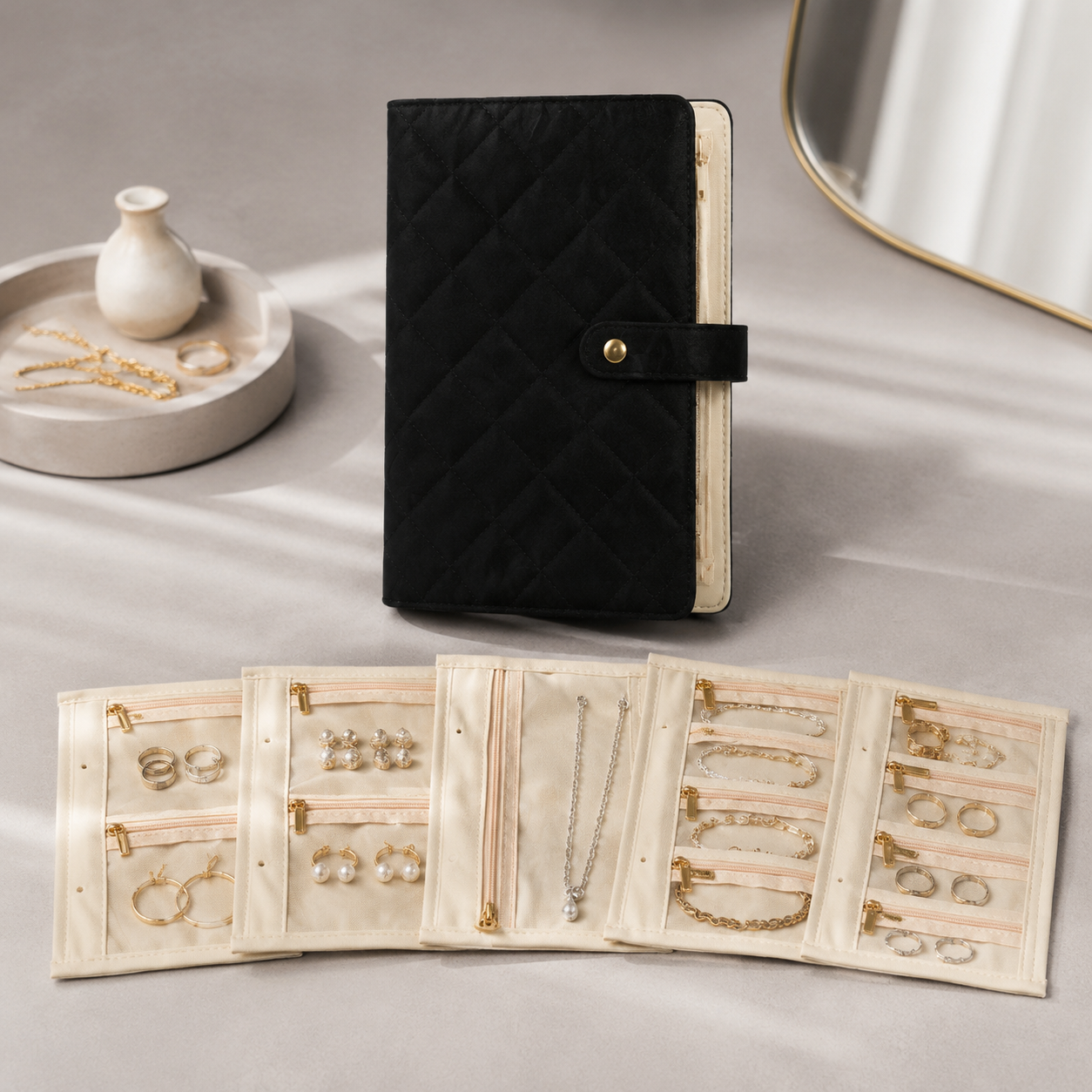 Black quilted travel jewelry organizer book with cream storage pages