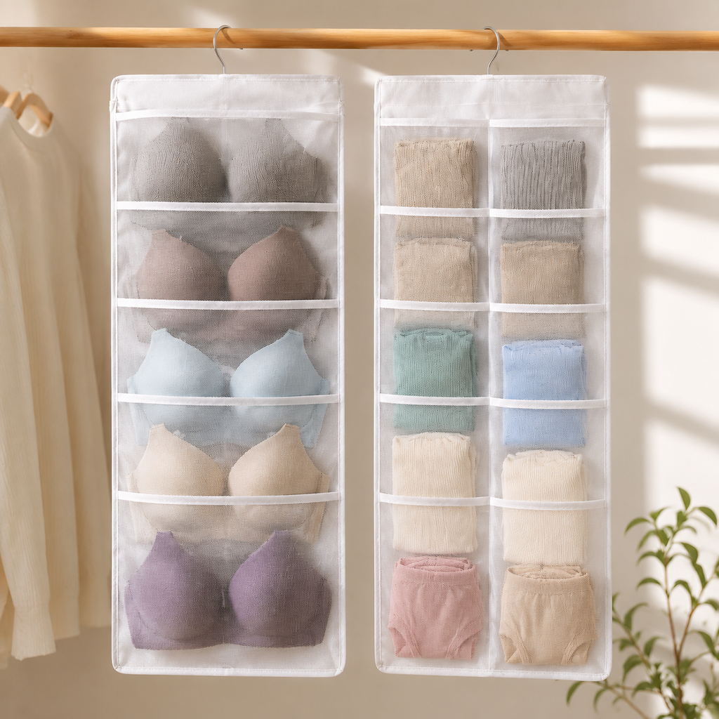 White double-sided hanging organizer with realistic bra brief and sock pockets