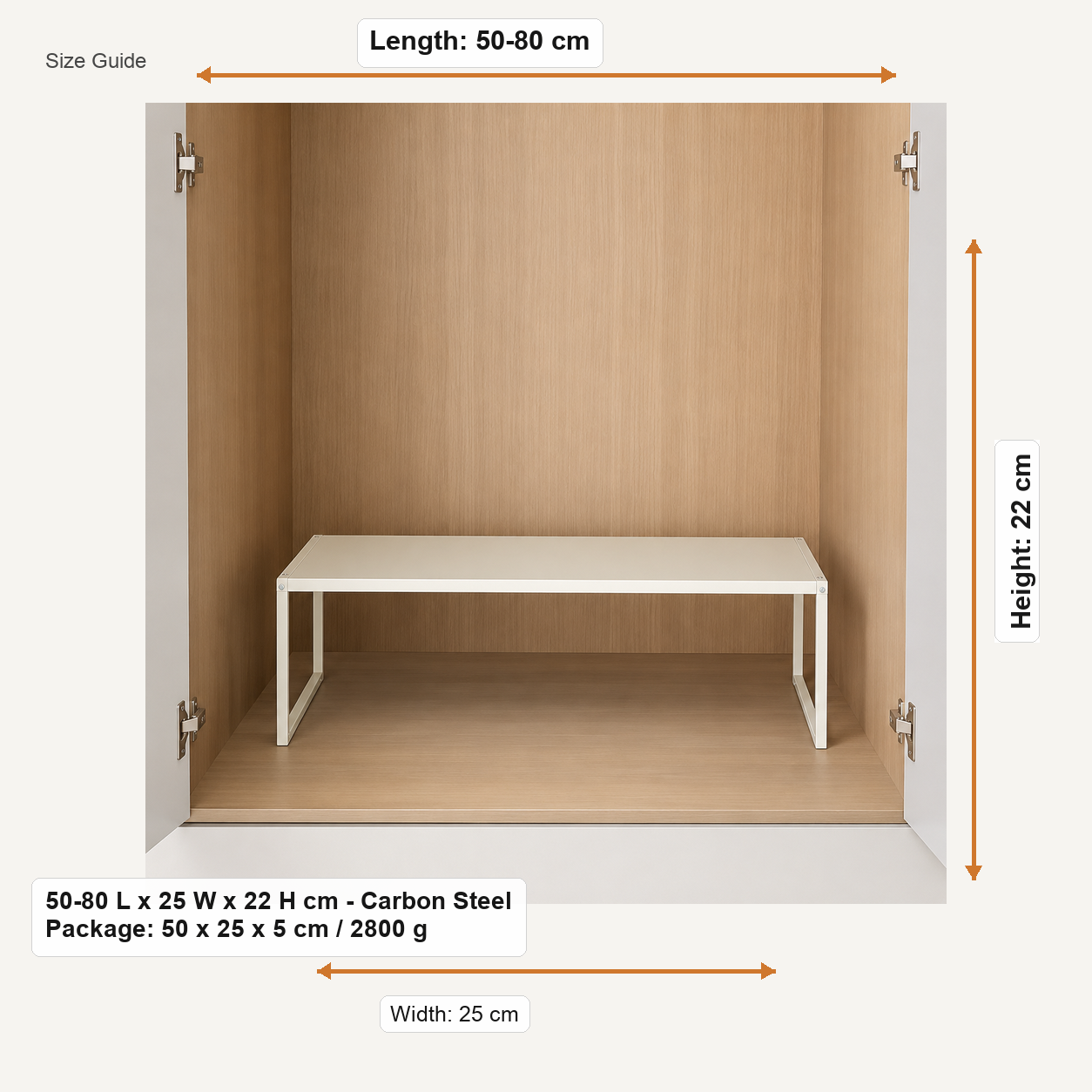 Size guide for 50-80 L x 25 W x 22 H cm - Carbon Steel