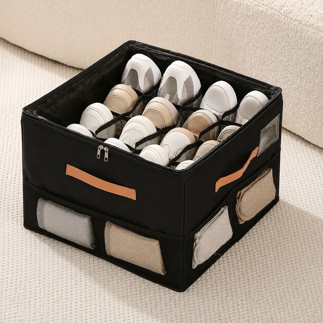 Black 16-slot shoe storage box with side pockets and natural shoes
