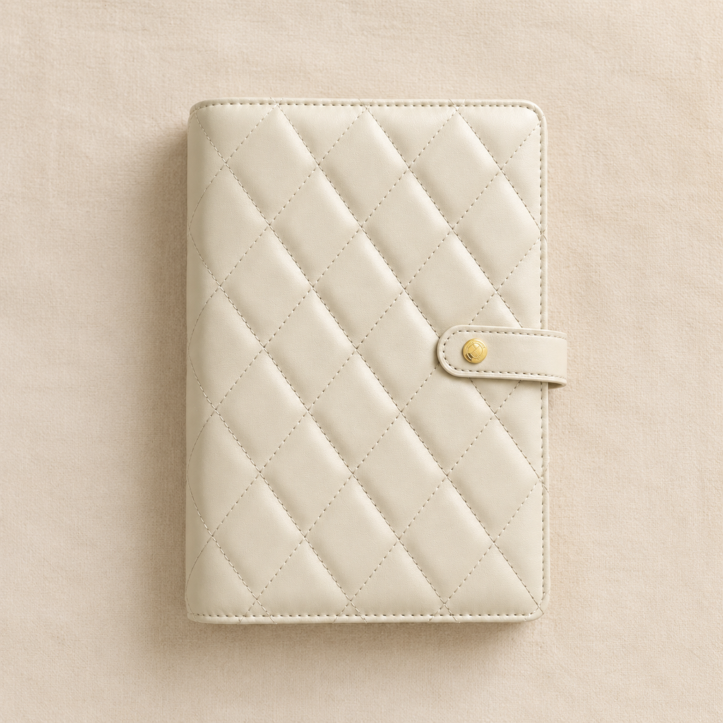 Closed quilted cover detail of the cream travel jewelry organizer book