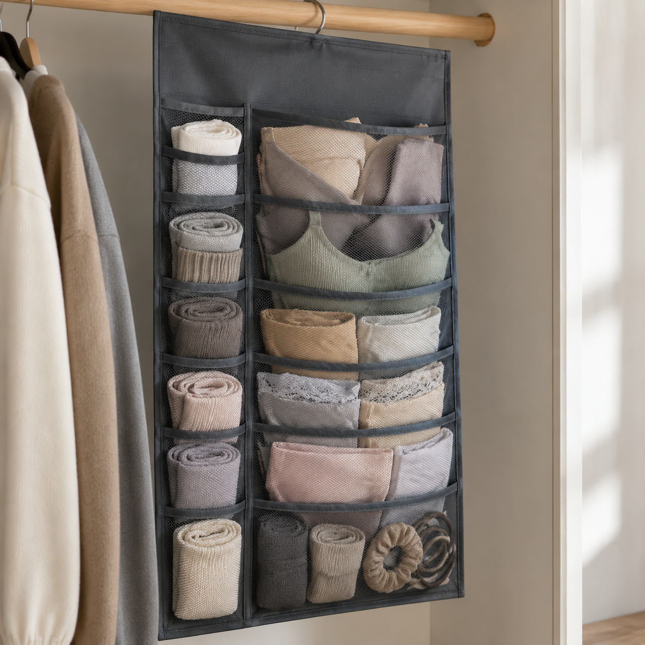 Compact dark gray hanging organizer with realistic lingerie socks and briefs