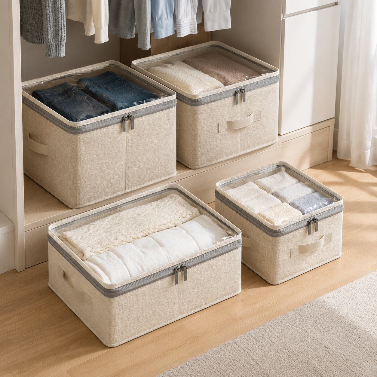 Four clear-top linen fabric storage boxes in a closet with folded clothes