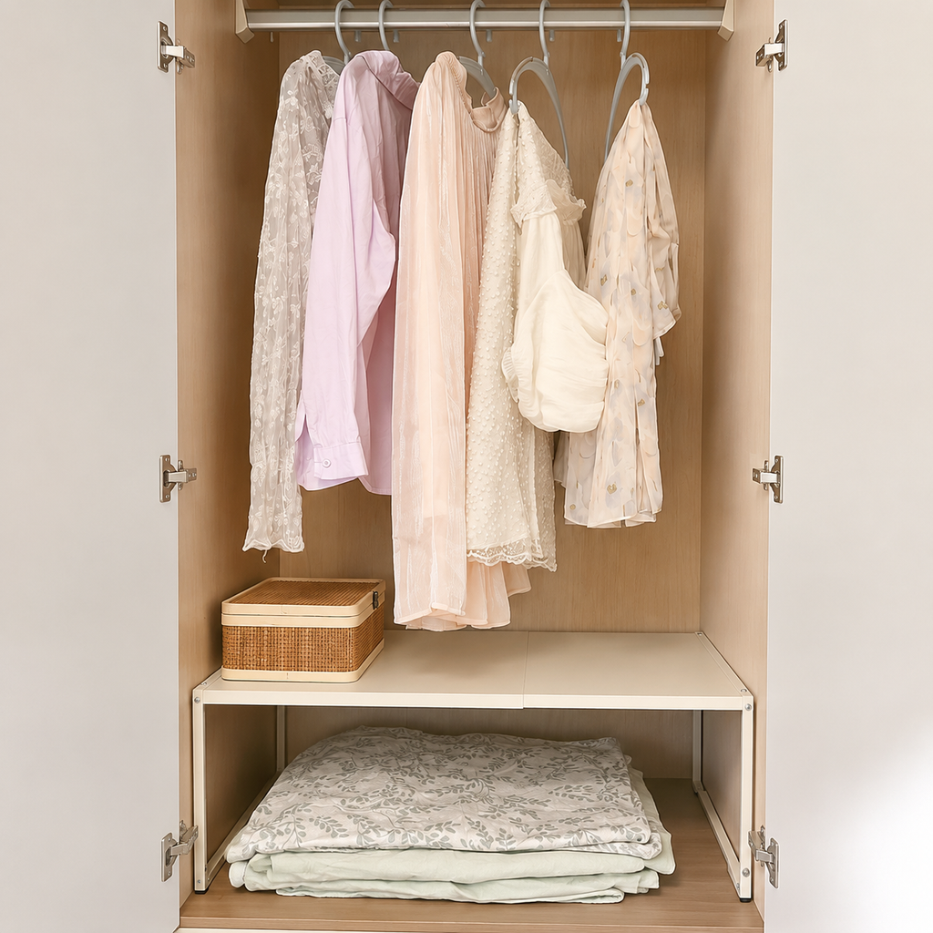 Wardrobe shelf divider creating storage zones for hanging clothes linens and baskets
