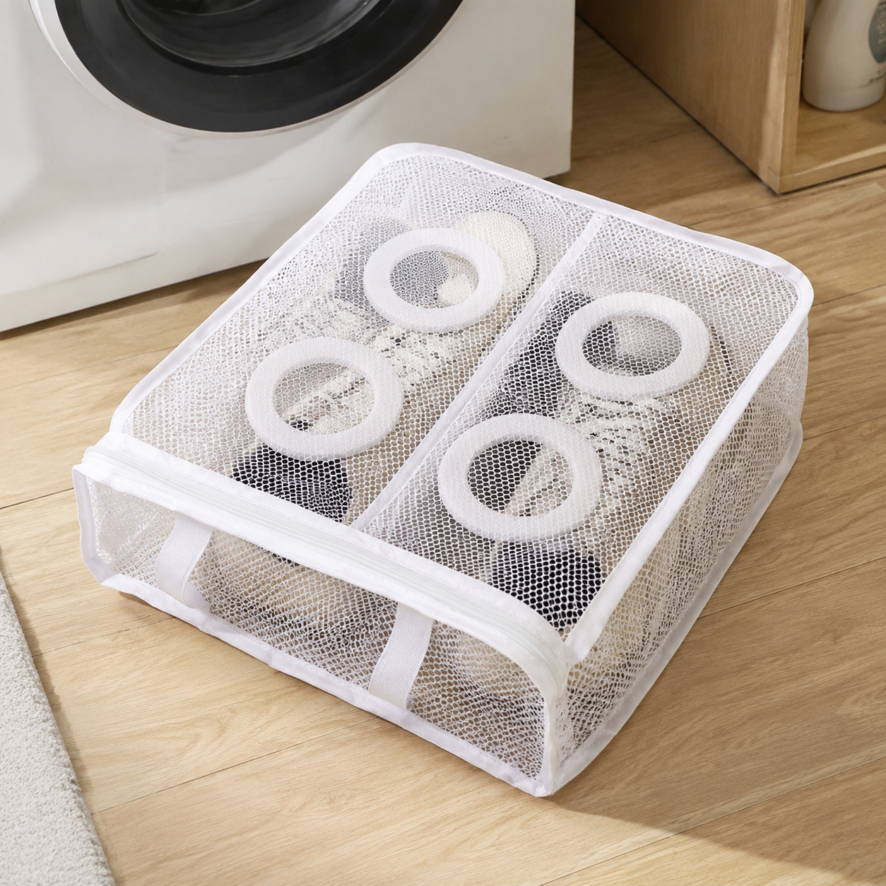 Large white mesh laundry shoe washing bag with sneakers inside