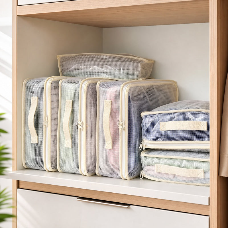 Multiple clear bedding storage bags displayed on a clean closet shelf