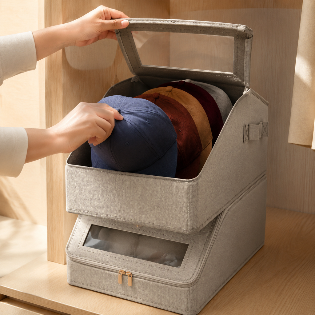 Open foldable hat organizer box being filled with baseball caps
