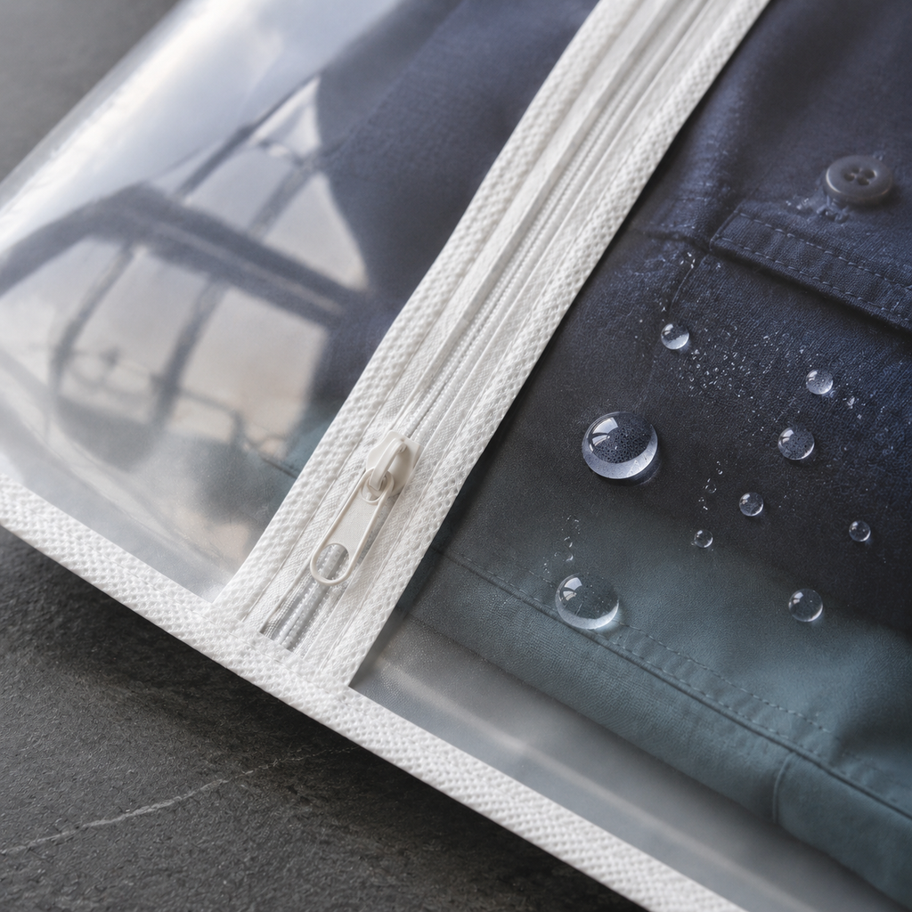 Close-up of clear PEVA garment cover zipper and water-resistant surface