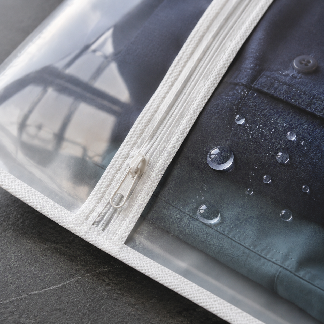 Close-up of clear PEVA garment cover zipper and water-resistant surface