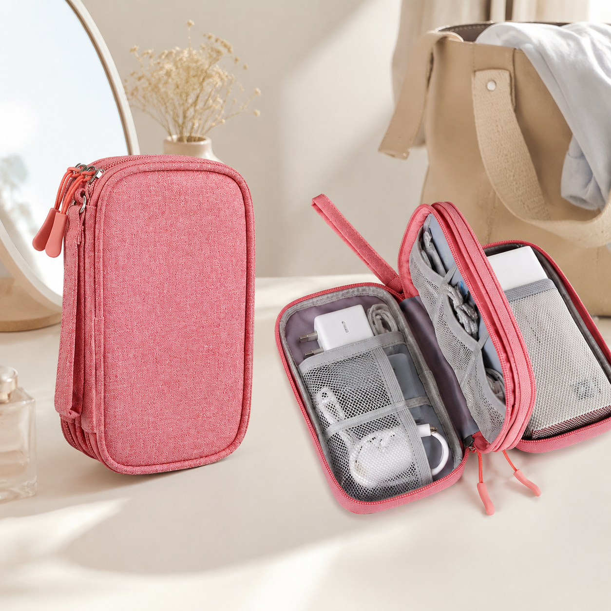 Pink double-layer travel cable organizer pouch with small tech accessories