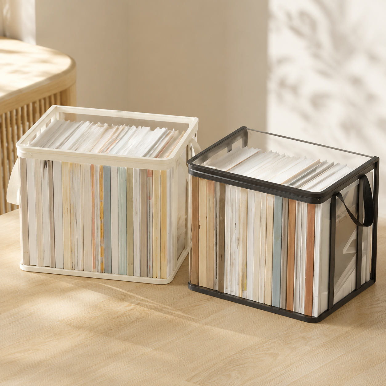 Clear foldable document storage bags in white and black trim with new background