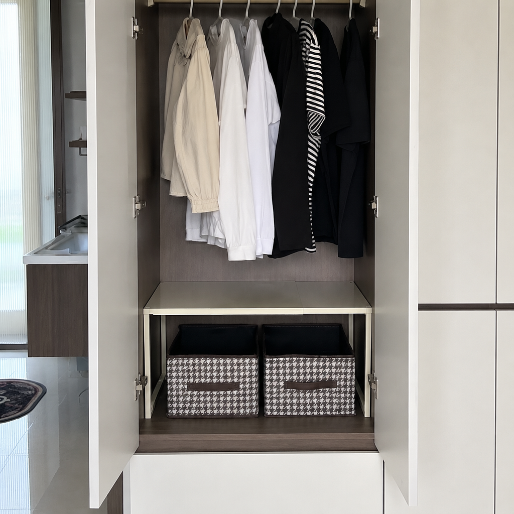 Adjustable shelf rack creating extra storage inside a wardrobe