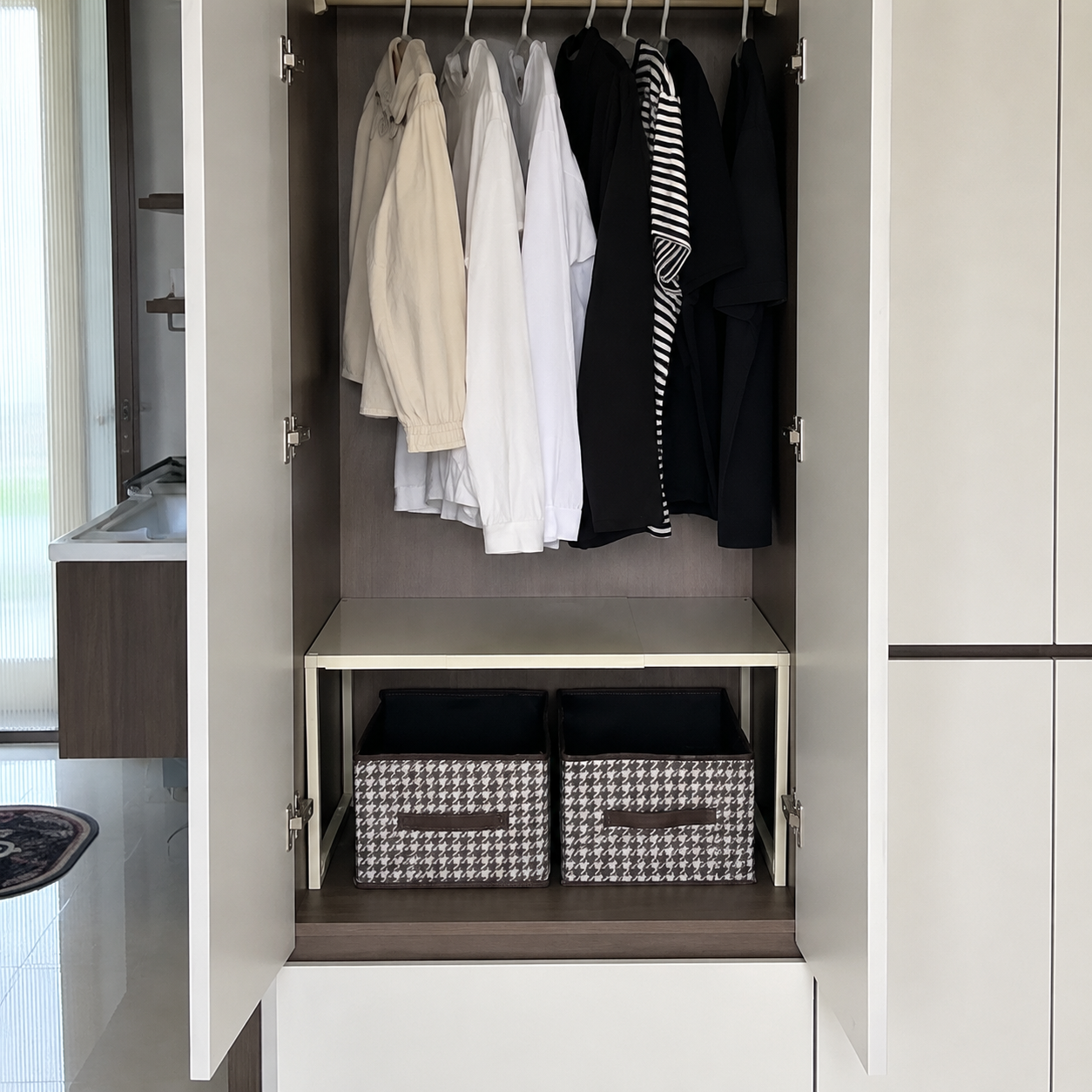 Adjustable shelf rack creating extra storage inside a wardrobe