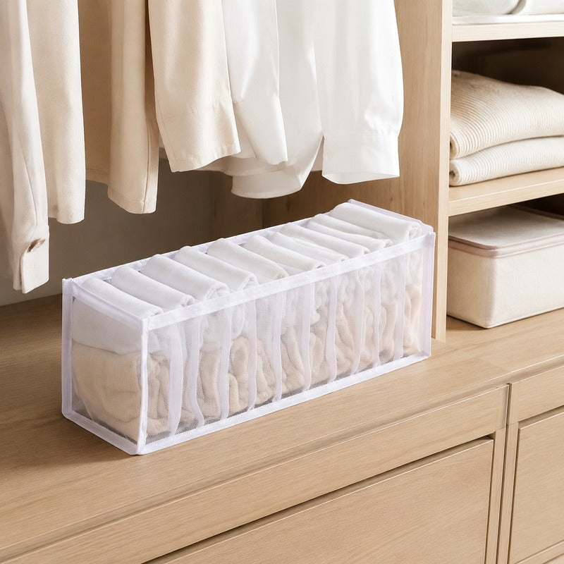 White 11-grid breathable mesh drawer organizer in closet