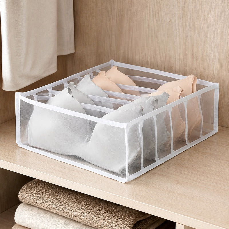 White 6-grid breathable mesh drawer organizer in wardrobe