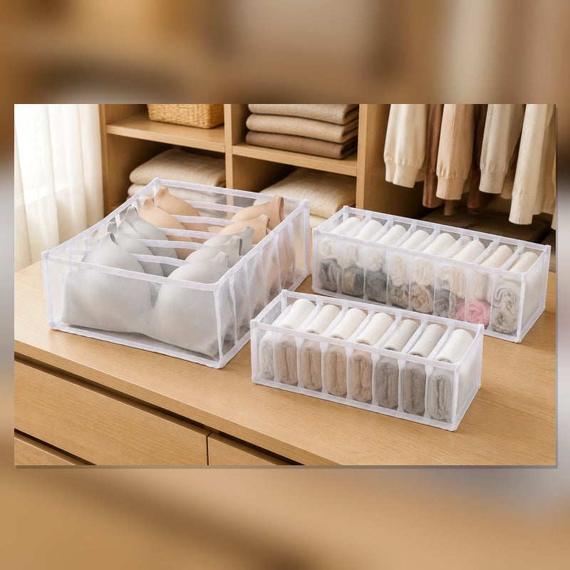 White essential 3-piece breathable mesh drawer organizer set in closet