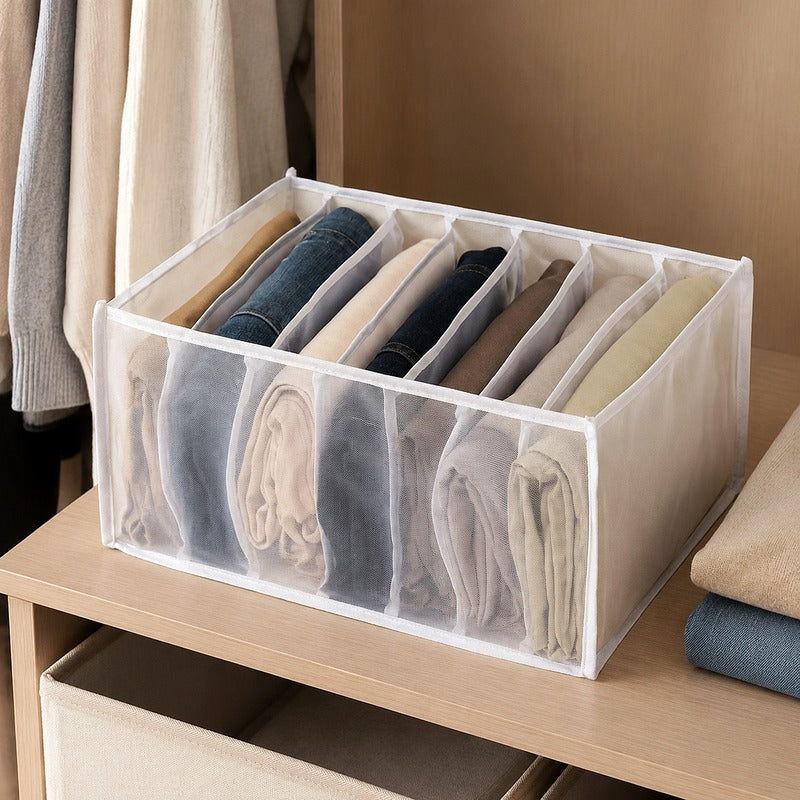 White large 7-grid breathable mesh drawer organizer in closet
