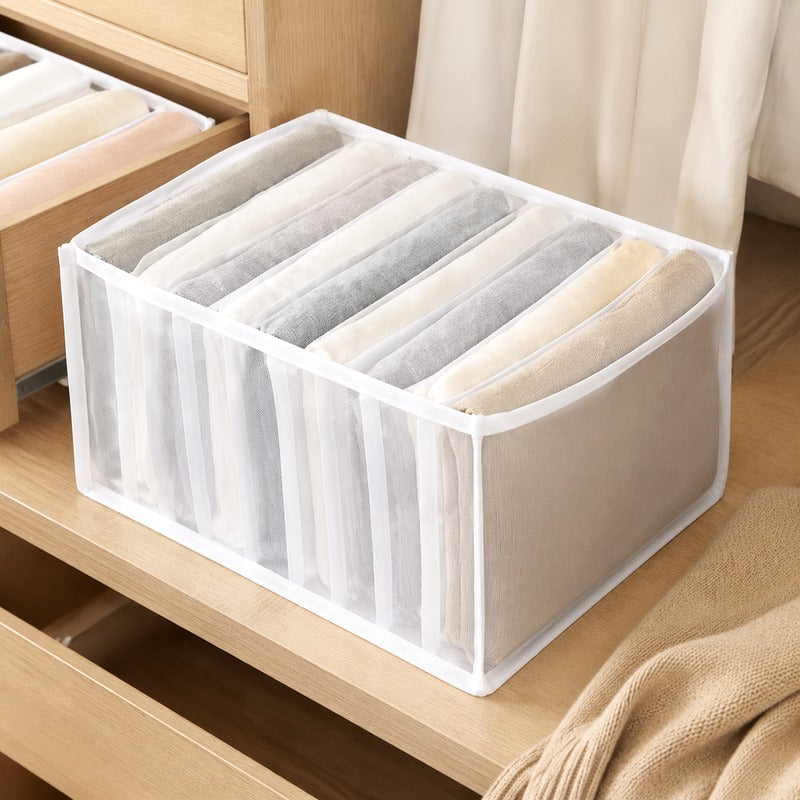 White large 9-grid breathable mesh drawer organizer on drawer table