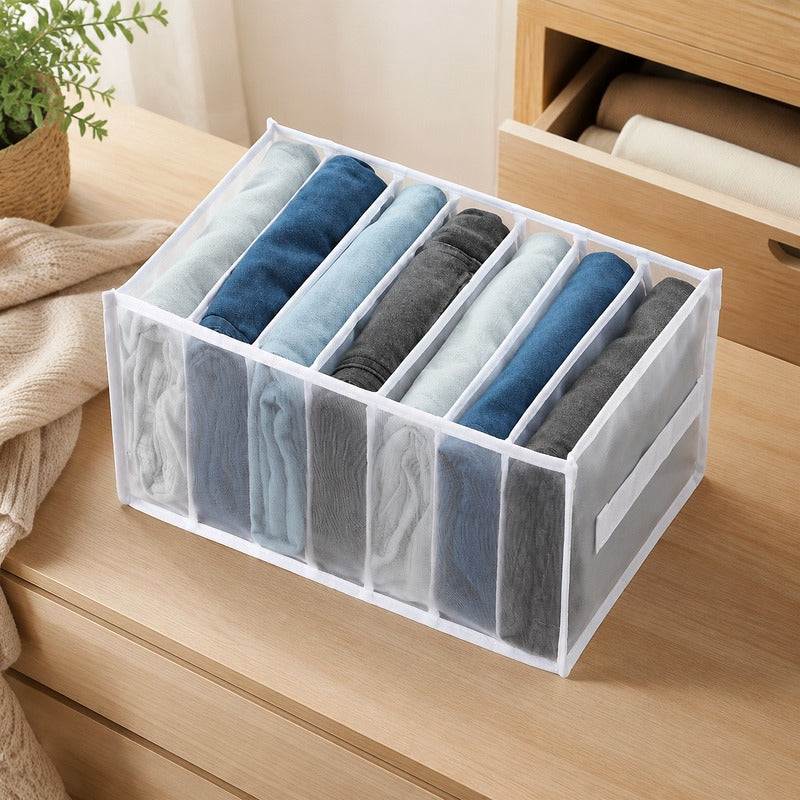White large handheld 7-grid breathable mesh drawer organizer on drawer table