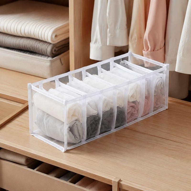 White small 7-grid breathable mesh drawer organizer in closet