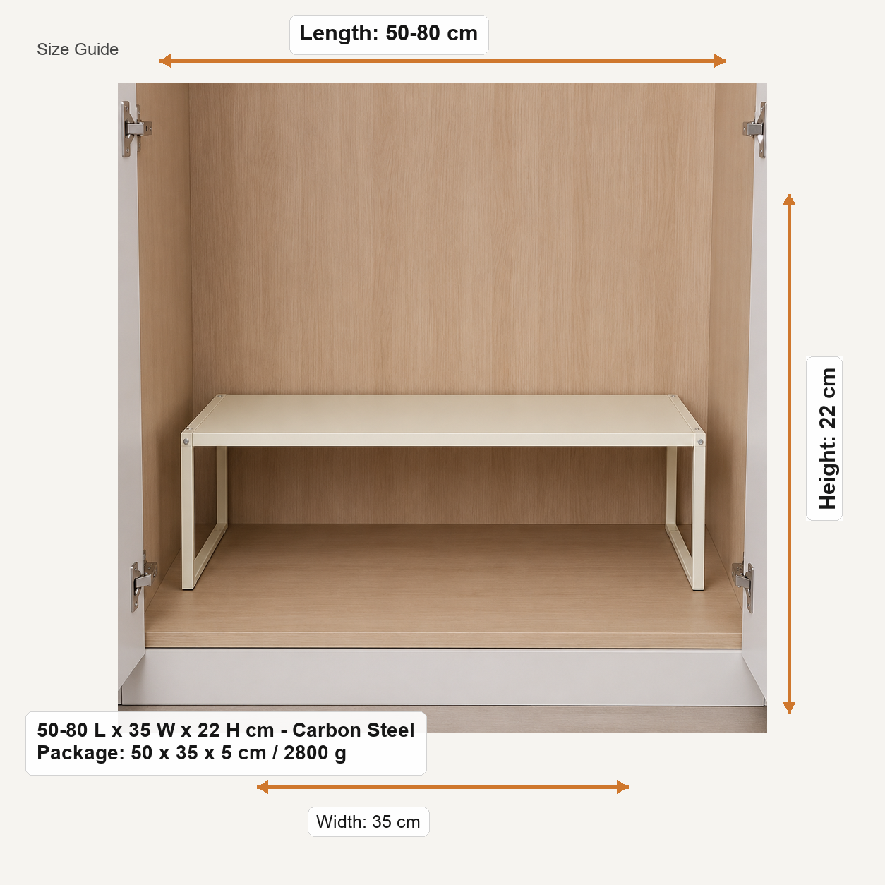 Size guide for 50-80 L x 35 W x 22 H cm - Carbon Steel