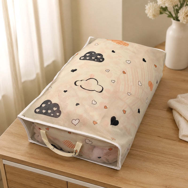 Cloud Heart bedding storage bag detail on wood table