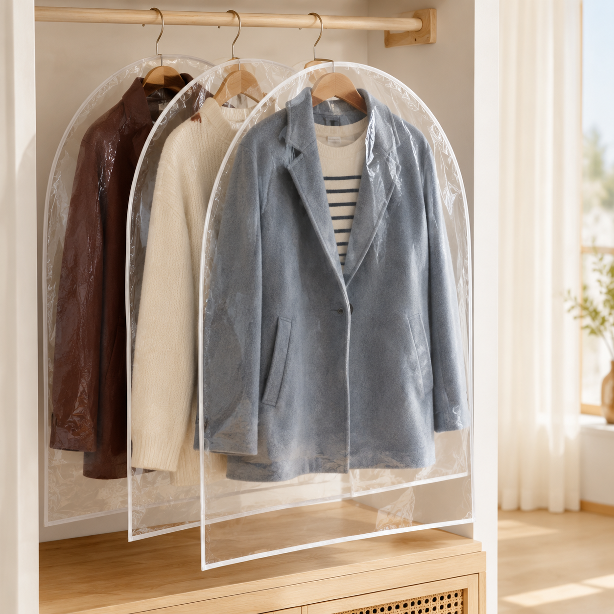 Bottom-open clear garment covers with coats in an airy wardrobe