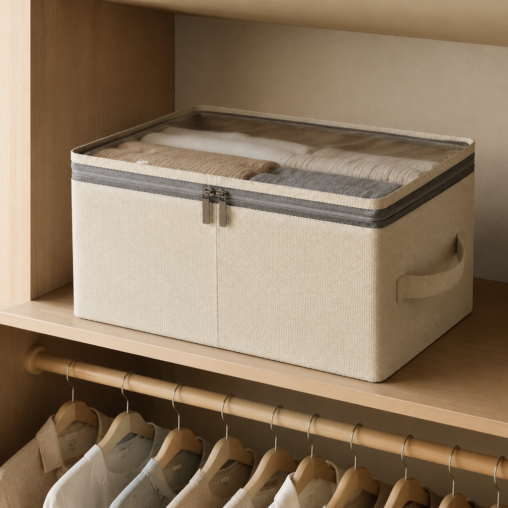Clear-top linen fabric storage box on a closet shelf with folded clothes