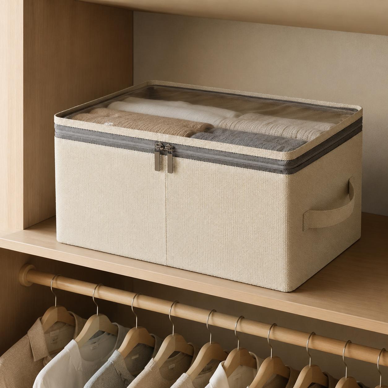 Clear-top linen fabric storage box on a closet shelf with folded clothes