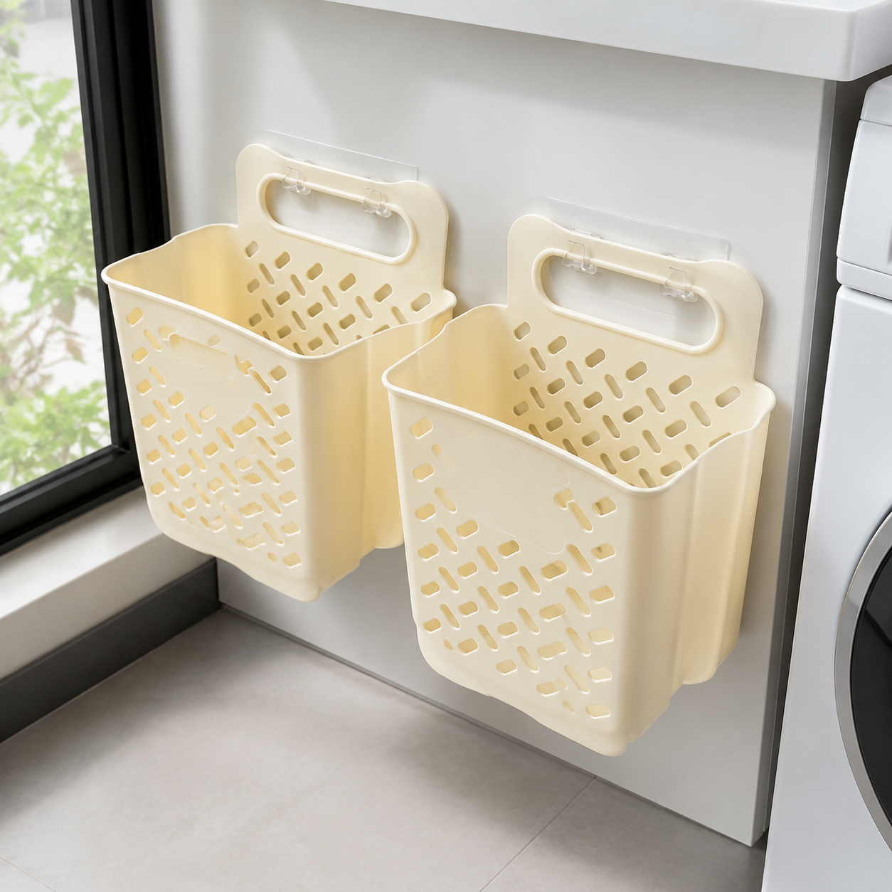 Cream white two-pack large wall-mounted laundry baskets