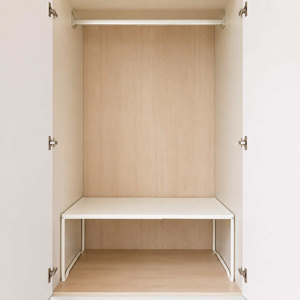 Adjustable closet shelf organizer installed in a clean modern wardrobe