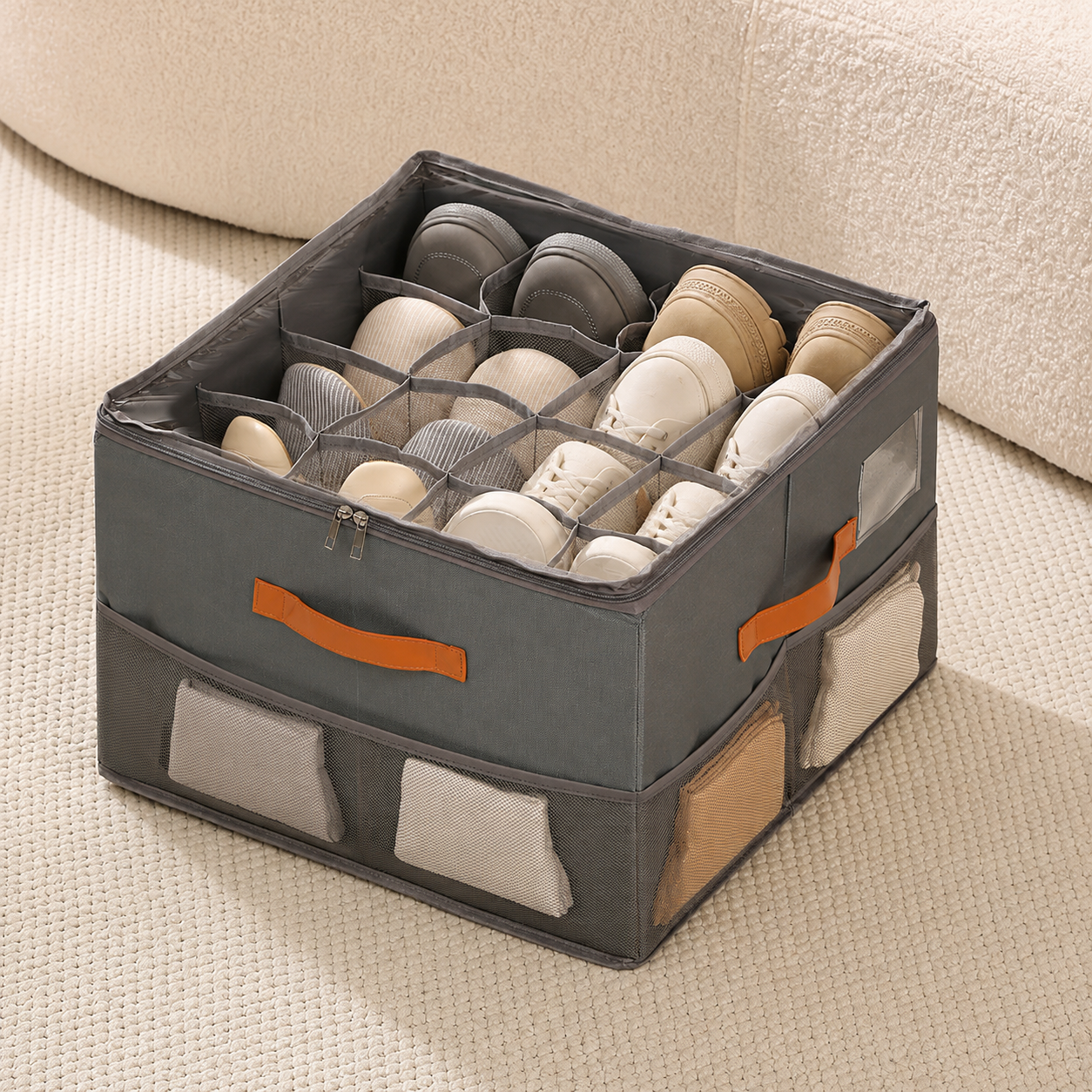 Grey 16-slot shoe storage box with side pockets and natural shoes