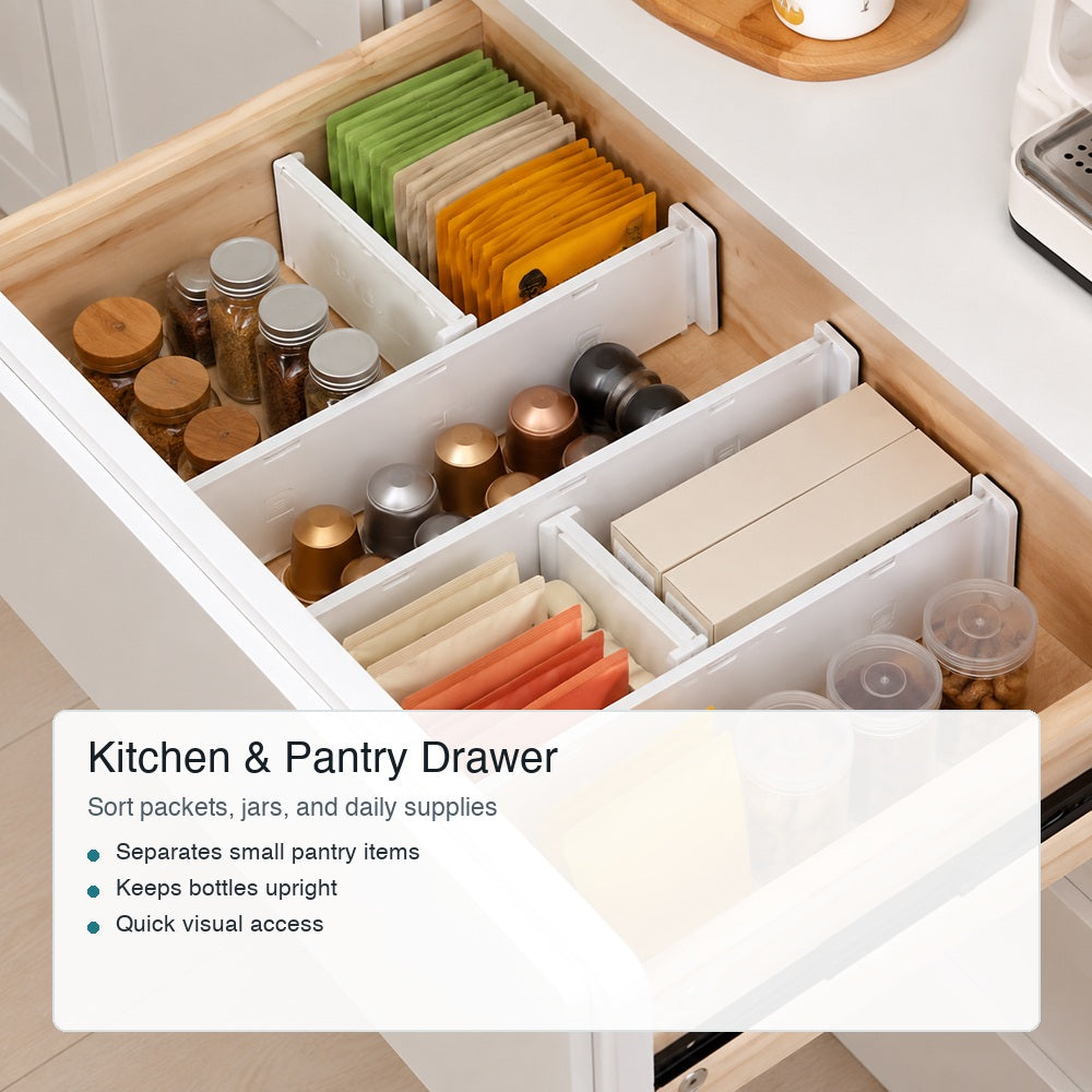 Kitchen and pantry drawer organization scene